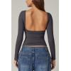QINSEN Women’s Sexy Open Back Long Sleeve Shirts High Neck Double Lined Tees Fitted Going Out Tops(Dark Grey)