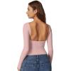 QINSEN Women’s Sexy Open Back Long Sleeve Shirts High Neck Double Lined Tees Fitted Going Out Tops(Dusty Pink)