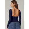 QINSEN Women’s Sexy Open Back Long Sleeve Shirts High Neck Double Lined Tees Fitted Going Out Tops(Estate Blue)