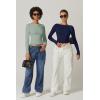 QINSEN Women’s Sexy Open Back Long Sleeve Shirts High Neck Double Lined Tees Fitted Going Out Tops(Estate Blue)
