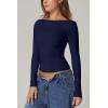 QINSEN Women’s Sexy Open Back Long Sleeve Shirts High Neck Double Lined Tees Fitted Going Out Tops(Estate Blue)