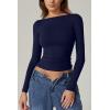 QINSEN Women’s Sexy Open Back Long Sleeve Shirts High Neck Double Lined Tees Fitted Going Out Tops(Estate Blue)