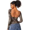QINSEN Women’s Sexy Open Back Long Sleeve Shirts High Neck Double Lined Tees Fitted Going Out Tops(Leopard)