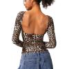 QINSEN Women’s Sexy Open Back Long Sleeve Shirts High Neck Double Lined Tees Fitted Going Out Tops(Leopard)