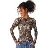 QINSEN Women’s Sexy Open Back Long Sleeve Shirts High Neck Double Lined Tees Fitted Going Out Tops(Leopard)