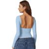 QINSEN Women’s Sexy Open Back Long Sleeve Shirts High Neck Double Lined Tees Fitted Going Out Tops(Light Blue)