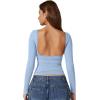 QINSEN Women’s Sexy Open Back Long Sleeve Shirts High Neck Double Lined Tees Fitted Going Out Tops(Light Blue)