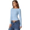 QINSEN Women’s Sexy Open Back Long Sleeve Shirts High Neck Double Lined Tees Fitted Going Out Tops(Light Blue)