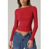 QINSEN Women’s Sexy Open Back Long Sleeve Shirts High Neck Double Lined Tees Fitted Going Out Tops(Red)