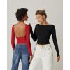 QINSEN Women’s Sexy Open Back Long Sleeve Shirts High Neck Double Lined Tees Fitted Going Out Tops(Red)