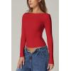 QINSEN Women’s Sexy Open Back Long Sleeve Shirts High Neck Double Lined Tees Fitted Going Out Tops(Red)