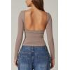 QINSEN Women’s Sexy Open Back Long Sleeve Shirts High Neck Double Lined Tees Fitted Going Out Tops(Rose Taupe)