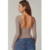 QINSEN Women’s Sexy Open Back Long Sleeve Shirts High Neck Double Lined Tees Fitted Going Out Tops(Rose Taupe)