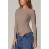 QINSEN Women’s Sexy Open Back Long Sleeve Shirts High Neck Double Lined Tees Fitted Going Out Tops(Rose Taupe)