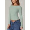 QINSEN Women’s Sexy Open Back Long Sleeve Shirts High Neck Double Lined Tees Fitted Going Out Tops(Smoke Green)