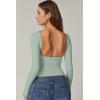 QINSEN Women’s Sexy Open Back Long Sleeve Shirts High Neck Double Lined Tees Fitted Going Out Tops(Smoke Green)
