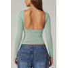 QINSEN Women’s Sexy Open Back Long Sleeve Shirts High Neck Double Lined Tees Fitted Going Out Tops(Smoke Green)
