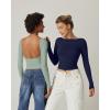 QINSEN Women’s Sexy Open Back Long Sleeve Shirts High Neck Double Lined Tees Fitted Going Out Tops(Smoke Green)