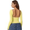 QINSEN Women’s Sexy Open Back Long Sleeve Shirts High Neck Double Lined Tees Fitted Going Out Tops(Yellow)