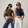 QINSEN Women’s Sexy Open Back Sleeveless Crop Tank High Neck Slim Fit Cropped Tee Shirt Y2k Tops(Army Green)