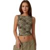 QINSEN Women’s Sexy Open Back Sleeveless Crop Tank High Neck Slim Fit Cropped Tee Shirt Y2k Tops(Leopard)