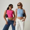 QINSEN Women’s Sexy Open Back Sleeveless Crop Tank High Neck Slim Fit Cropped Tee Shirt Y2k Tops(Light Blue)