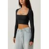 QINSEN Women’s Sexy Square Neck Crop Top Long Sleeve Slim Fit Cropped T Shirts(Black)