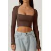 QINSEN Women’s Sexy Square Neck Crop Top Long Sleeve Slim Fit Cropped T Shirts(Coffee Bean)