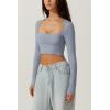 QINSEN Women’s Sexy Square Neck Crop Top Long Sleeve Slim Fit Cropped T Shirts(Country Blue)