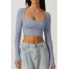 QINSEN Women’s Sexy Square Neck Crop Top Long Sleeve Slim Fit Cropped T Shirts(Country Blue)