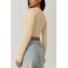 QINSEN Women’s Sexy Square Neck Crop Top Long Sleeve Slim Fit Cropped T Shirts(Marzipan)