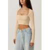 QINSEN Women’s Sexy Square Neck Crop Top Long Sleeve Slim Fit Cropped T Shirts(Marzipan)