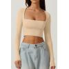 QINSEN Women’s Sexy Square Neck Crop Top Long Sleeve Slim Fit Cropped T Shirts(Marzipan)