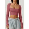 QINSEN Women’s Sexy Square Neck Crop Top Long Sleeve Slim Fit Cropped T Shirts(Merlot)