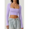 QINSEN Women’s Sexy Square Neck Crop Top Long Sleeve Slim Fit Cropped T Shirts(Purple)