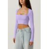 QINSEN Women’s Sexy Square Neck Crop Top Long Sleeve Slim Fit Cropped T Shirts(Purple)