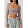 QINSEN Women’s Sexy Square Neck Crop Top Long Sleeve Slim Fit Cropped T Shirts(Rose Taupe)