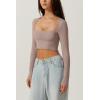 QINSEN Women’s Sexy Square Neck Crop Top Long Sleeve Slim Fit Cropped T Shirts(Rose Taupe)
