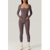 QINSEN Womens Sexy Square Neck Long Sleeve Full Length Leggings Bodycon Stretch Jumpsuit(Dark Grey)