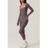 QINSEN Womens Sexy Square Neck Long Sleeve Full Length Leggings Bodycon Stretch Jumpsuit(Dark Grey)