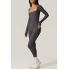 QINSEN Womens Sexy Square Neck Long Sleeve Full Length Leggings Bodycon Stretch Jumpsuit(Light Black)