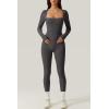 QINSEN Womens Sexy Square Neck Long Sleeve Full Length Leggings Bodycon Stretch Jumpsuit(Light Black)