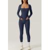 QINSEN Womens Sexy Square Neck Long Sleeve Full Length Leggings Bodycon Stretch Jumpsuit(Navy Blue)
