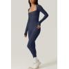 QINSEN Womens Sexy Square Neck Long Sleeve Full Length Leggings Bodycon Stretch Jumpsuit(Navy Blue)
