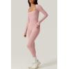 QINSEN Womens Sexy Square Neck Long Sleeve Full Length Leggings Bodycon Stretch Jumpsuit(Peach)