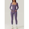 QINSEN Womens Sexy Square Neck Long Sleeve Full Length Leggings Bodycon Stretch Jumpsuit(Purple)