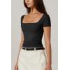 QINSEN Women’s Square Neck Short Sleeve Double-Layer Tops Basic Slim Fit Going Out T Shirt(Black)