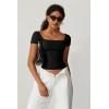 QINSEN Women’s Square Neck Short Sleeve Double-Layer Tops Basic Slim Fit Going Out T Shirt(Black)