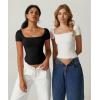 QINSEN Women’s Square Neck Short Sleeve Double-Layer Tops Basic Slim Fit Going Out T Shirt(Black)