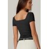 QINSEN Women’s Square Neck Short Sleeve Double-Layer Tops Basic Slim Fit Going Out T Shirt(Black)